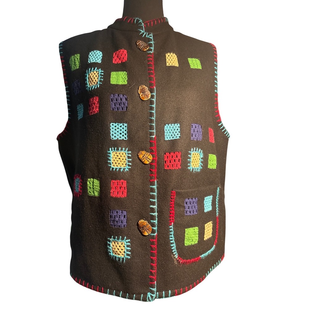 Allure Brown Wool Blend Embroidered Geometric Sq Vest Missy XL Unique Buttons